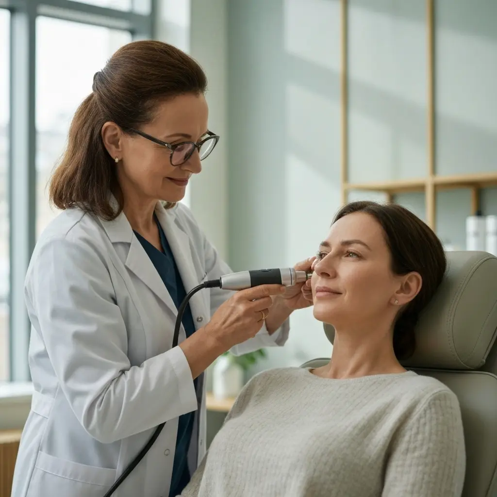 Clinician carrying out an ear examination at a patient's home