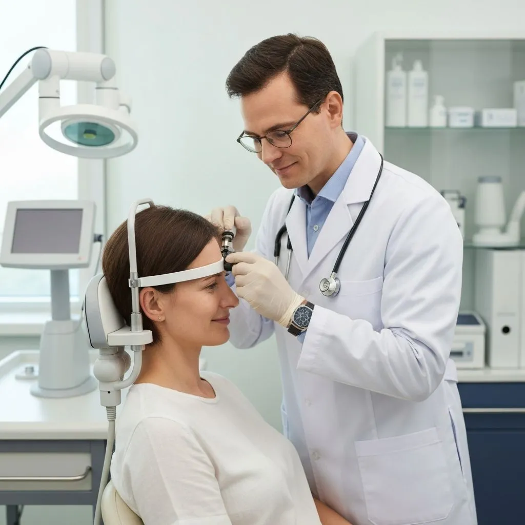 Clinician examining a patient's ear during a home visit